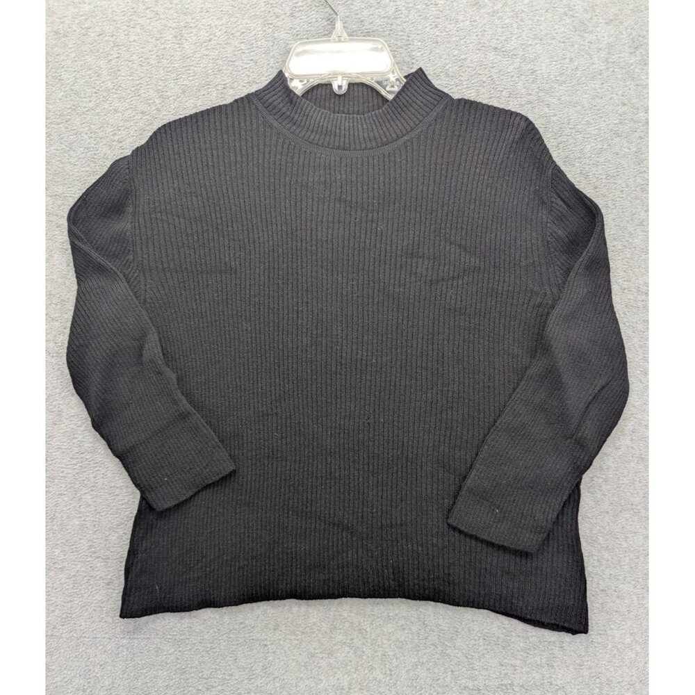 St John Sweater Womens Medium Black Ribbed Knit Pullover Mock Neck Made USA